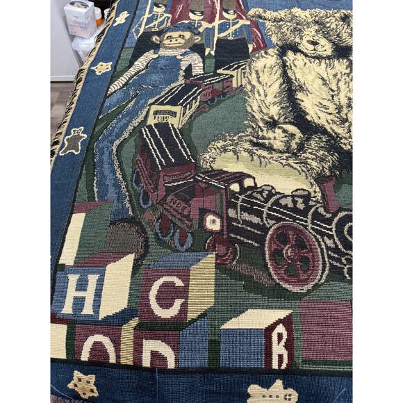 Vintage Christmas Tapestry Throw Blanket Teddy Train Soldiers Fringe Nostalgic - Picture 3 of 15